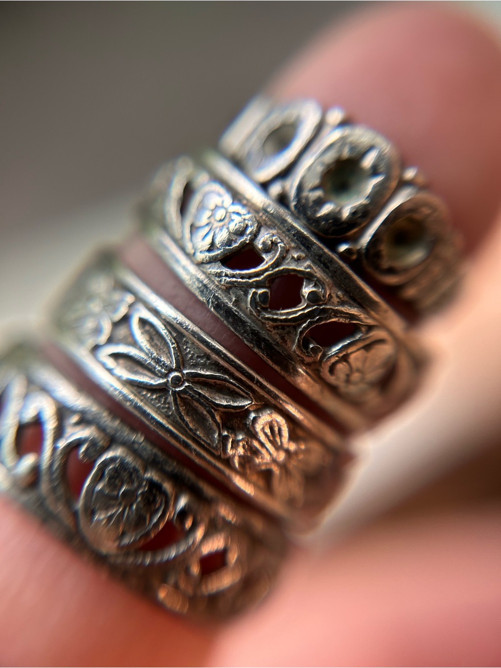 Four antique sterling silver baby rings Victorian art nouveau